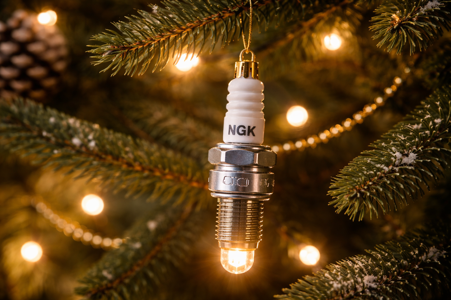 Eine Zündkerze, leuchtend an einem geschmückten Weihnachtsbaum.